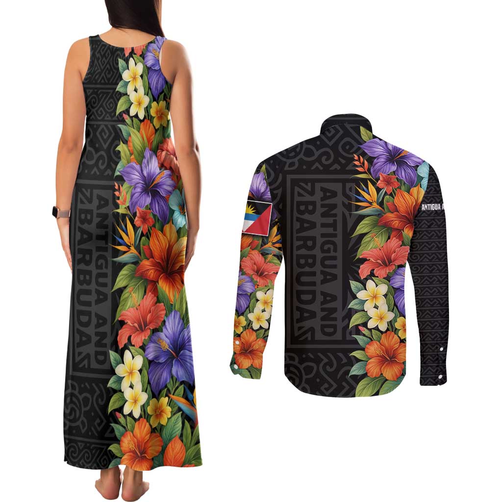 Antigua and Barbuda Floral Couples Matching Tank Maxi Dress and Long Sleeve Button Shirt with Tropical Hibiscus with National Flag - Wonder Print Shop