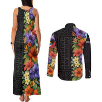 Antigua and Barbuda Floral Couples Matching Tank Maxi Dress and Long Sleeve Button Shirt with Tropical Hibiscus with National Flag - Wonder Print Shop