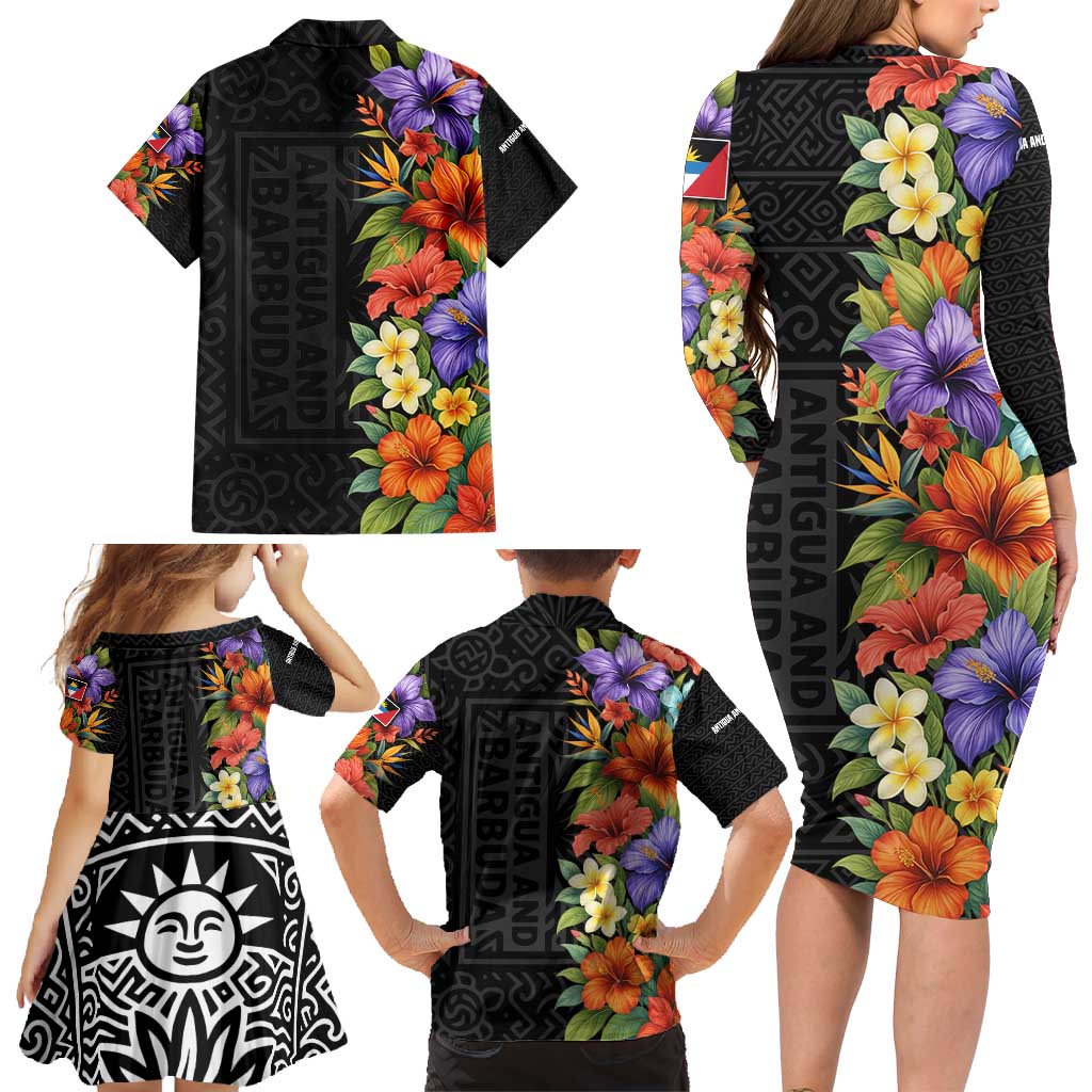 Antigua and Barbuda Floral Family Matching Long Sleeve Bodycon Dress and Hawaiian Shirt with Tropical Hibiscus with National Flag - Wonder Print Shop