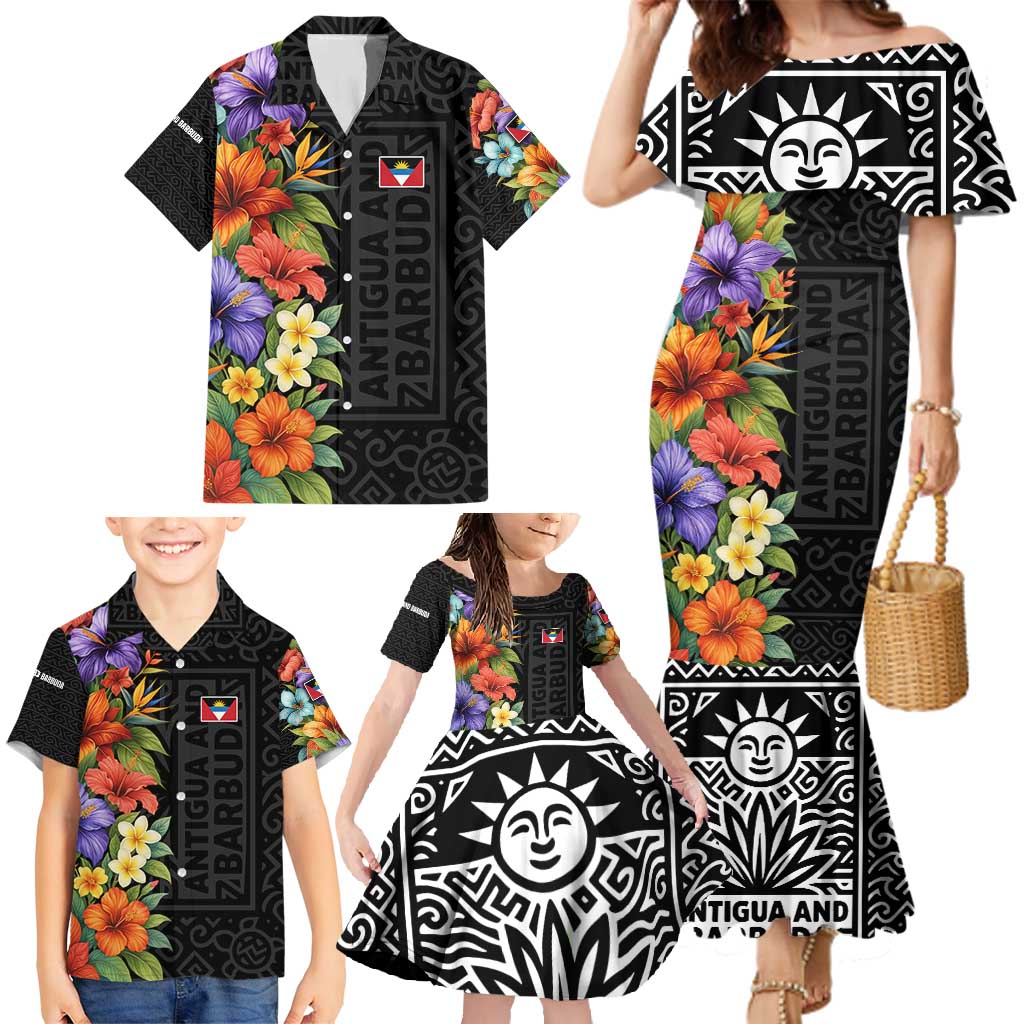 Antigua and Barbuda Floral Family Matching Mermaid Dress and Hawaiian Shirt with Tropical Hibiscus with National Flag - Wonder Print Shop
