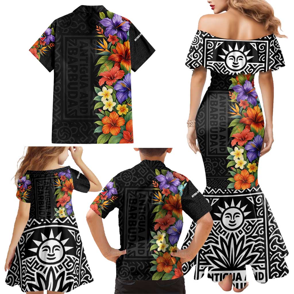Antigua and Barbuda Floral Family Matching Mermaid Dress and Hawaiian Shirt with Tropical Hibiscus with National Flag - Wonder Print Shop