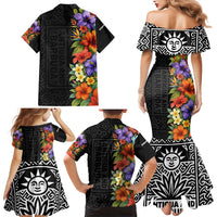 Antigua and Barbuda Floral Family Matching Mermaid Dress and Hawaiian Shirt with Tropical Hibiscus with National Flag - Wonder Print Shop