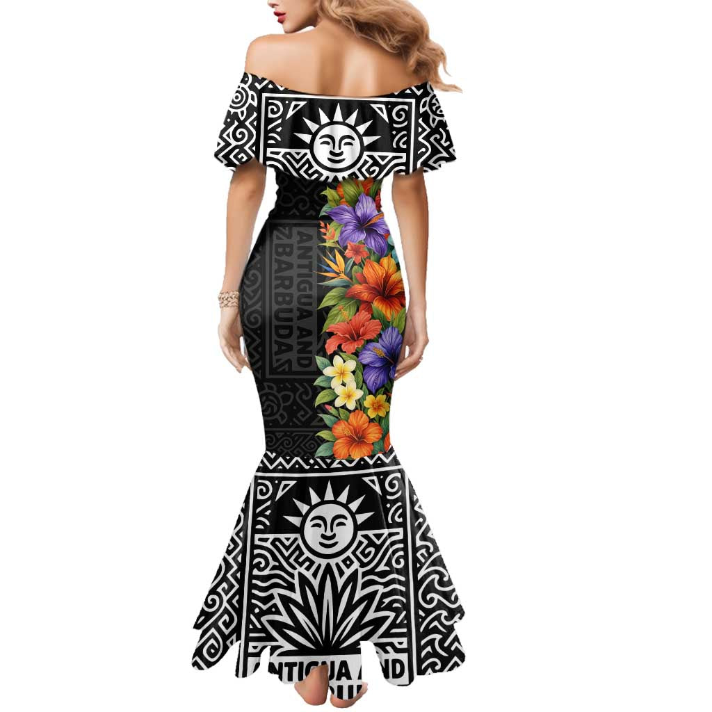 Antigua and Barbuda Floral Family Matching Mermaid Dress and Hawaiian Shirt with Tropical Hibiscus with National Flag - Wonder Print Shop