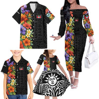 Antigua and Barbuda Floral Family Matching Off The Shoulder Long Sleeve Dress and Hawaiian Shirt with Tropical Hibiscus with National Flag - Wonder Print Shop