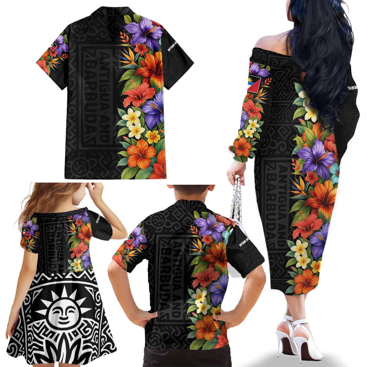 Antigua and Barbuda Floral Family Matching Off The Shoulder Long Sleeve Dress and Hawaiian Shirt with Tropical Hibiscus with National Flag - Wonder Print Shop