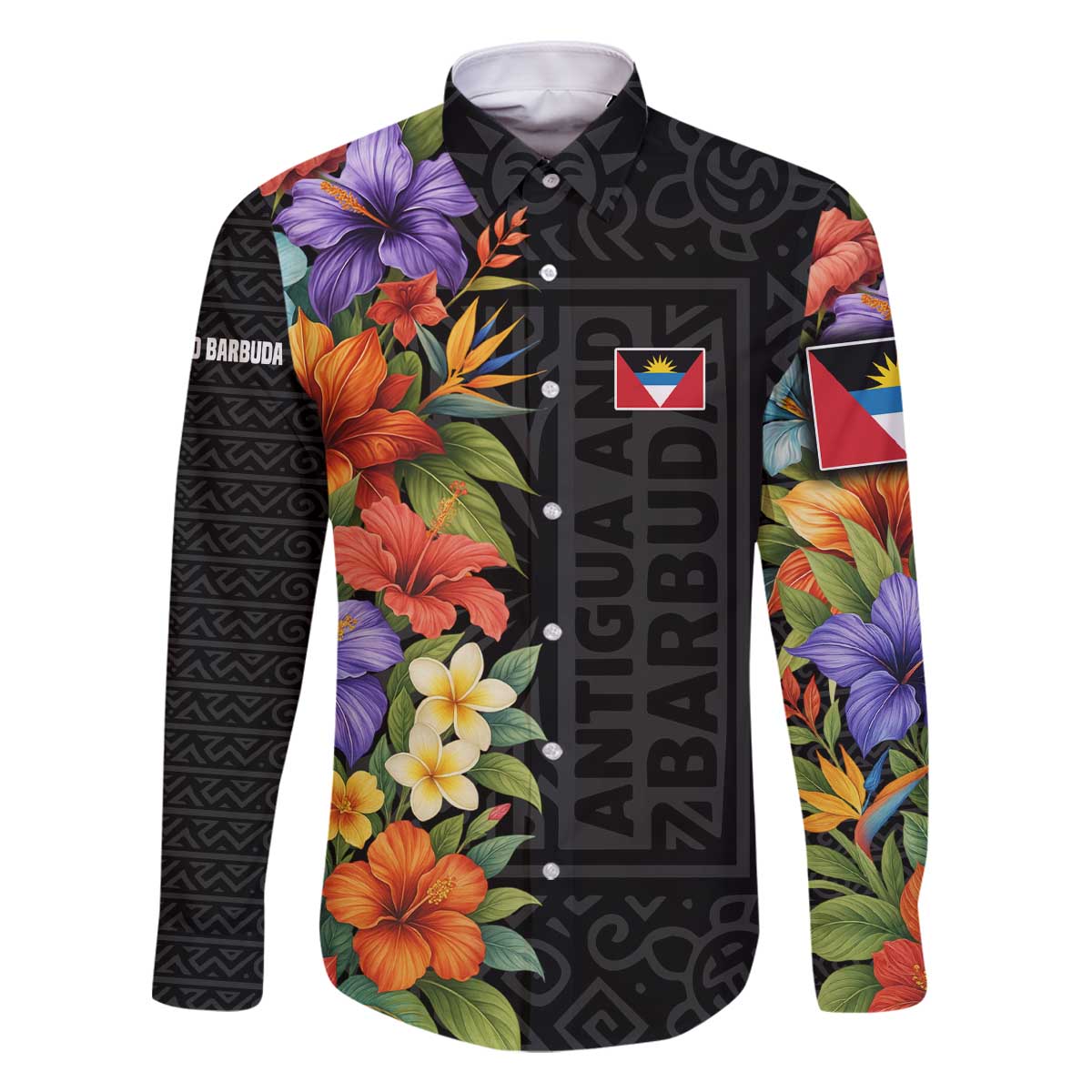 Antigua and Barbuda Floral Family Matching Off The Shoulder Long Sleeve Dress and Hawaiian Shirt with Tropical Hibiscus with National Flag - Wonder Print Shop