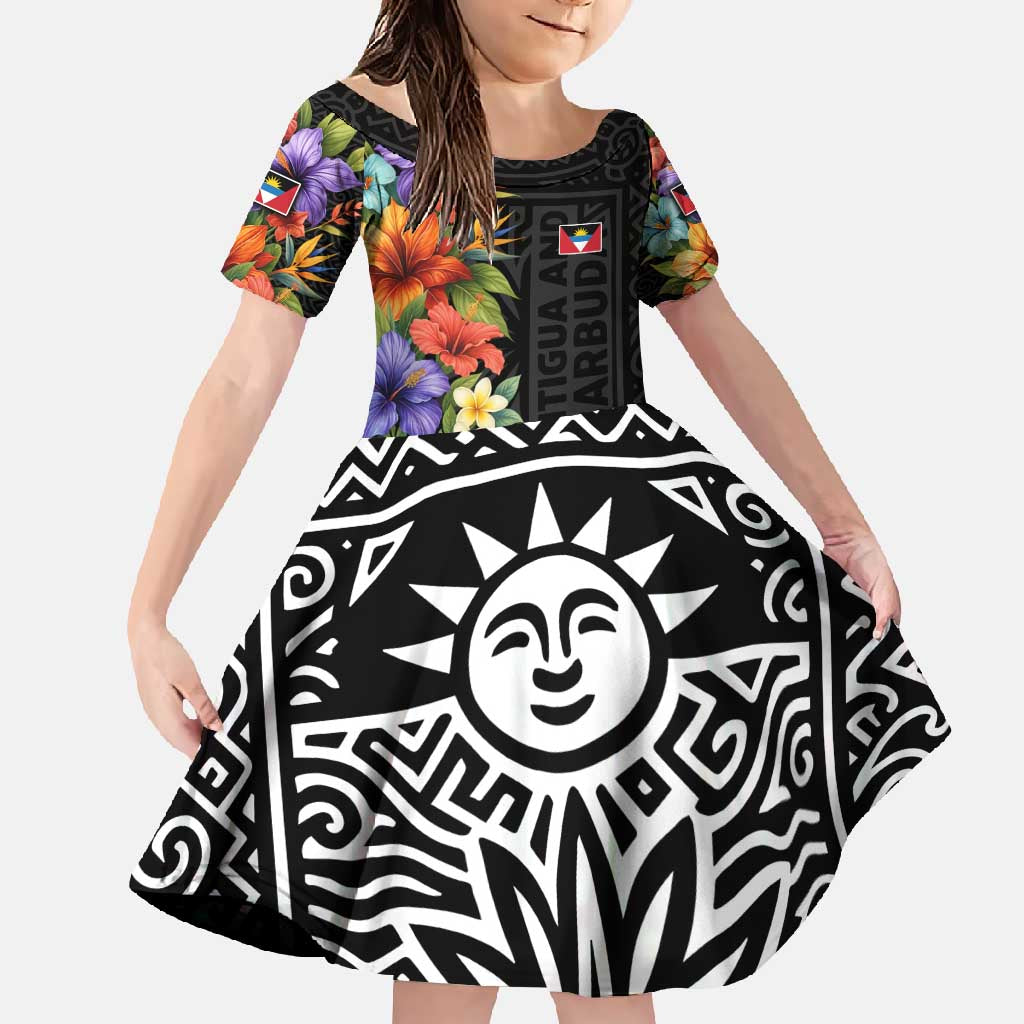 Antigua and Barbuda Floral Family Matching Off Shoulder Maxi Dress and Hawaiian Shirt with Tropical Hibiscus with National Flag - Wonder Print Shop