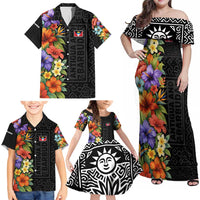 Antigua and Barbuda Floral Family Matching Off Shoulder Maxi Dress and Hawaiian Shirt with Tropical Hibiscus with National Flag - Wonder Print Shop