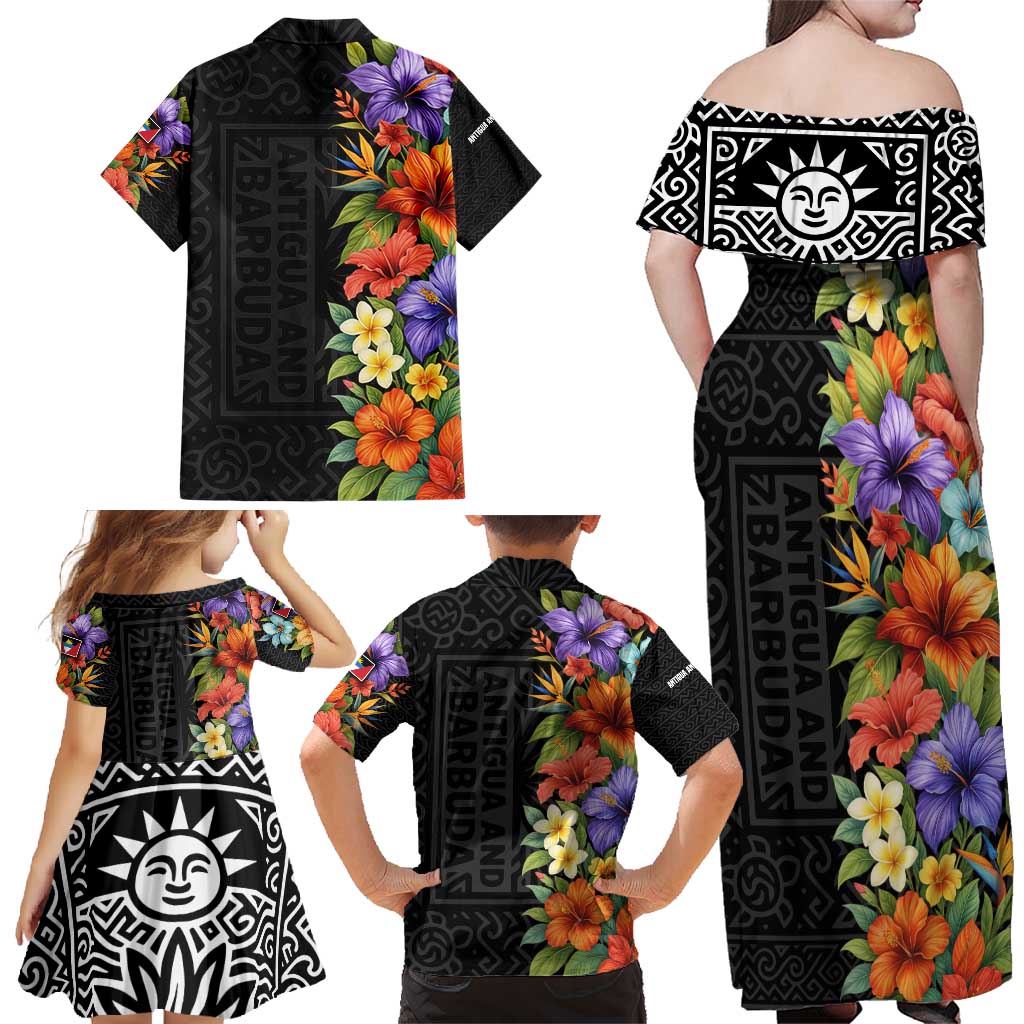 Antigua and Barbuda Floral Family Matching Off Shoulder Maxi Dress and Hawaiian Shirt with Tropical Hibiscus with National Flag - Wonder Print Shop
