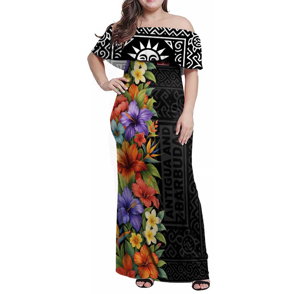 Antigua and Barbuda Floral Family Matching Off Shoulder Maxi Dress and Hawaiian Shirt with Tropical Hibiscus with National Flag - Wonder Print Shop