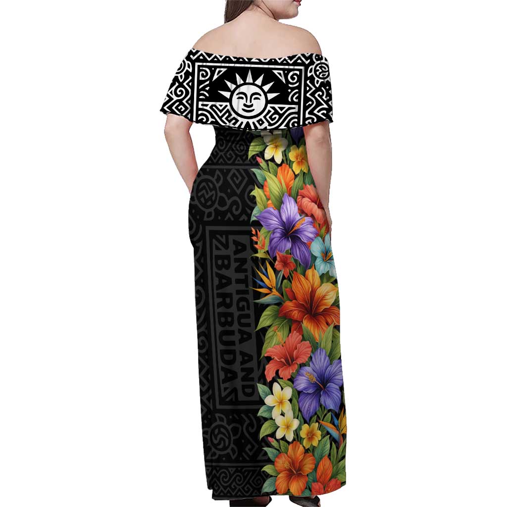 Antigua and Barbuda Floral Family Matching Off Shoulder Maxi Dress and Hawaiian Shirt with Tropical Hibiscus with National Flag - Wonder Print Shop