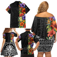 Antigua and Barbuda Floral Family Matching Off Shoulder Short Dress and Hawaiian Shirt with Tropical Hibiscus with National Flag - Wonder Print Shop