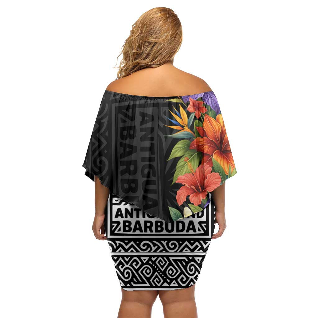 Antigua and Barbuda Floral Family Matching Off Shoulder Short Dress and Hawaiian Shirt with Tropical Hibiscus with National Flag - Wonder Print Shop