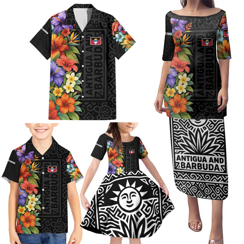 Antigua and Barbuda Floral Family Matching Puletasi and Hawaiian Shirt with Tropical Hibiscus with National Flag - Wonder Print Shop