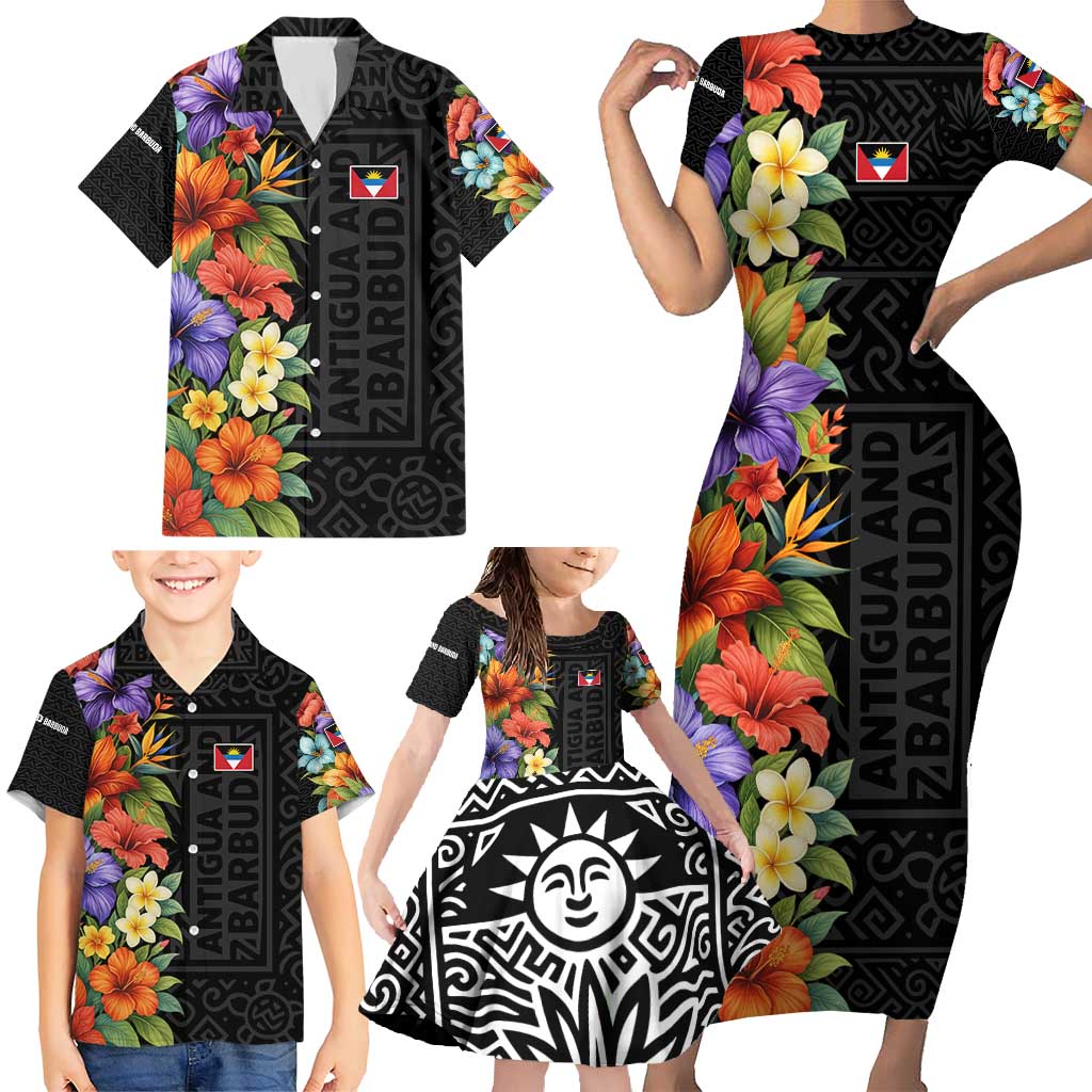 Antigua and Barbuda Floral Family Matching Short Sleeve Bodycon Dress and Hawaiian Shirt with Tropical Hibiscus with National Flag - Wonder Print Shop
