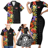 Antigua and Barbuda Floral Family Matching Short Sleeve Bodycon Dress and Hawaiian Shirt with Tropical Hibiscus with National Flag - Wonder Print Shop