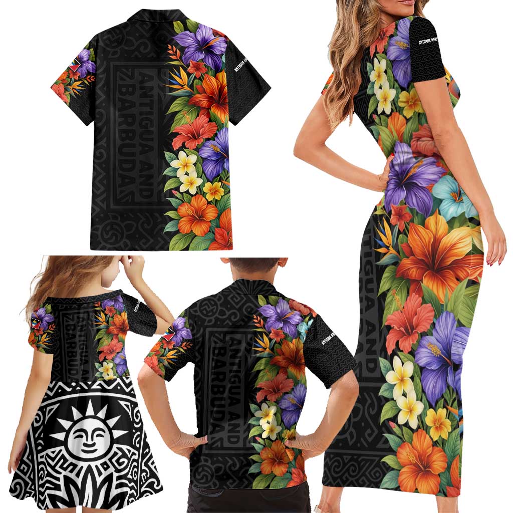 Antigua and Barbuda Floral Family Matching Short Sleeve Bodycon Dress and Hawaiian Shirt with Tropical Hibiscus with National Flag - Wonder Print Shop