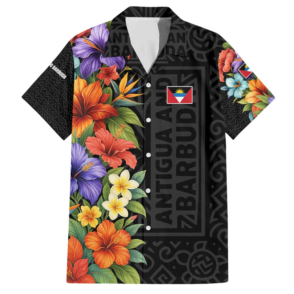 Antigua and Barbuda Floral Family Matching Short Sleeve Bodycon Dress and Hawaiian Shirt with Tropical Hibiscus with National Flag - Wonder Print Shop