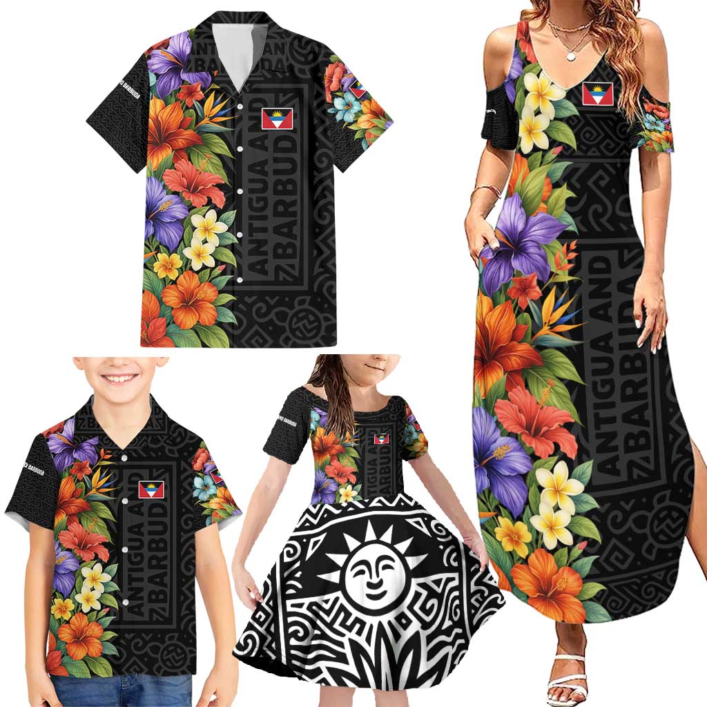 Antigua and Barbuda Floral Family Matching Summer Maxi Dress and Hawaiian Shirt with Tropical Hibiscus with National Flag - Wonder Print Shop