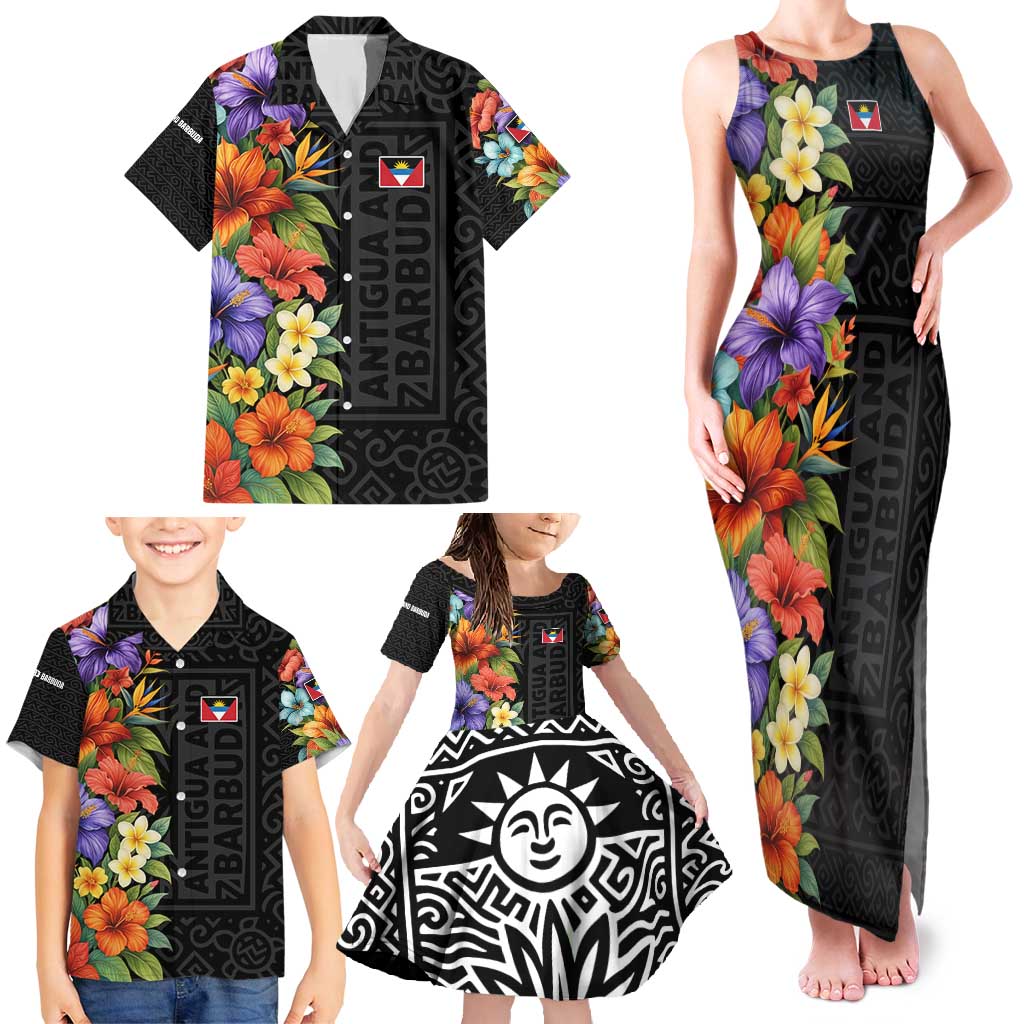 Antigua and Barbuda Floral Family Matching Tank Maxi Dress and Hawaiian Shirt with Tropical Hibiscus with National Flag - Wonder Print Shop