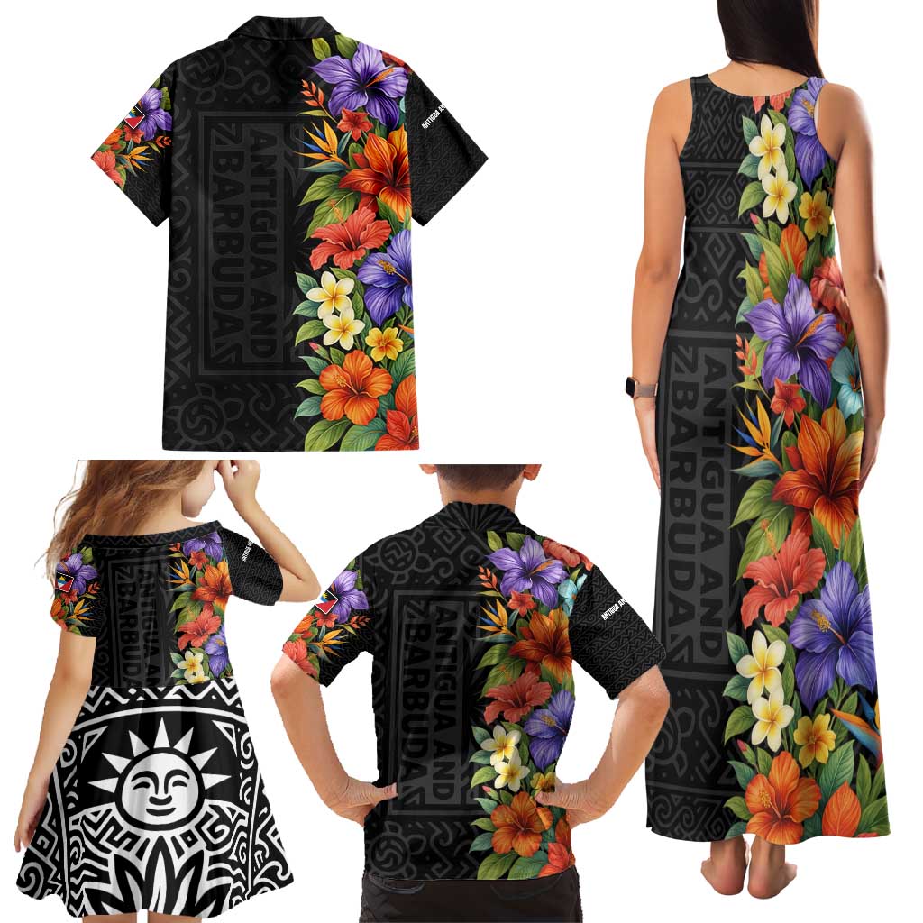 Antigua and Barbuda Floral Family Matching Tank Maxi Dress and Hawaiian Shirt with Tropical Hibiscus with National Flag - Wonder Print Shop
