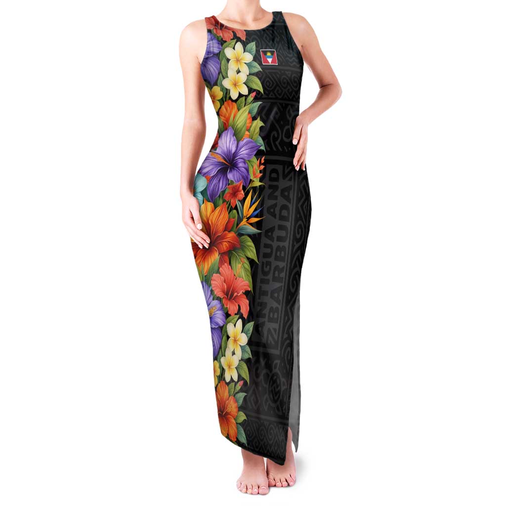 Antigua and Barbuda Floral Family Matching Tank Maxi Dress and Hawaiian Shirt with Tropical Hibiscus with National Flag - Wonder Print Shop