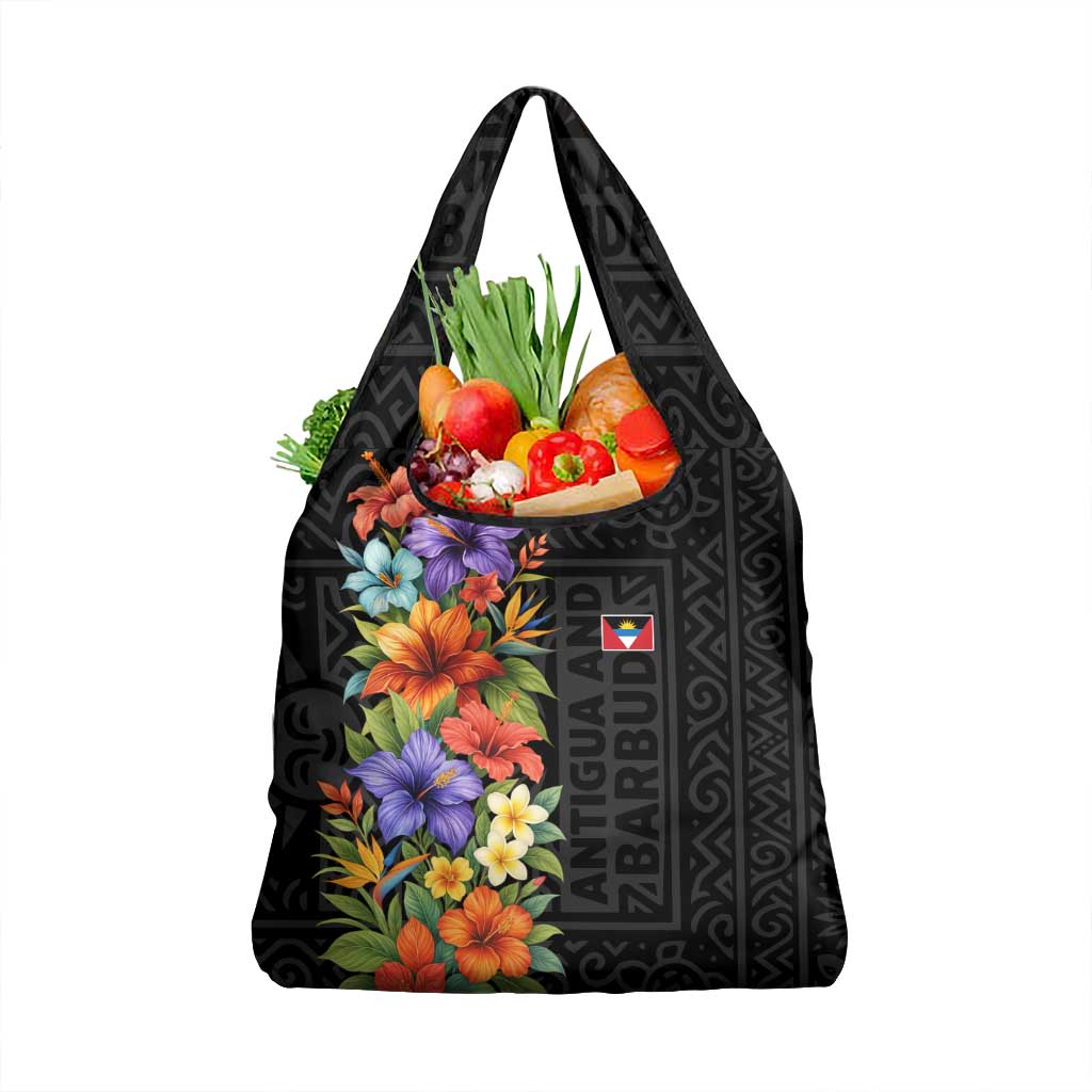 Antigua and Barbuda Floral Grocery Bag with Tropical Hibiscus with National Flag - Wonder Print Shop