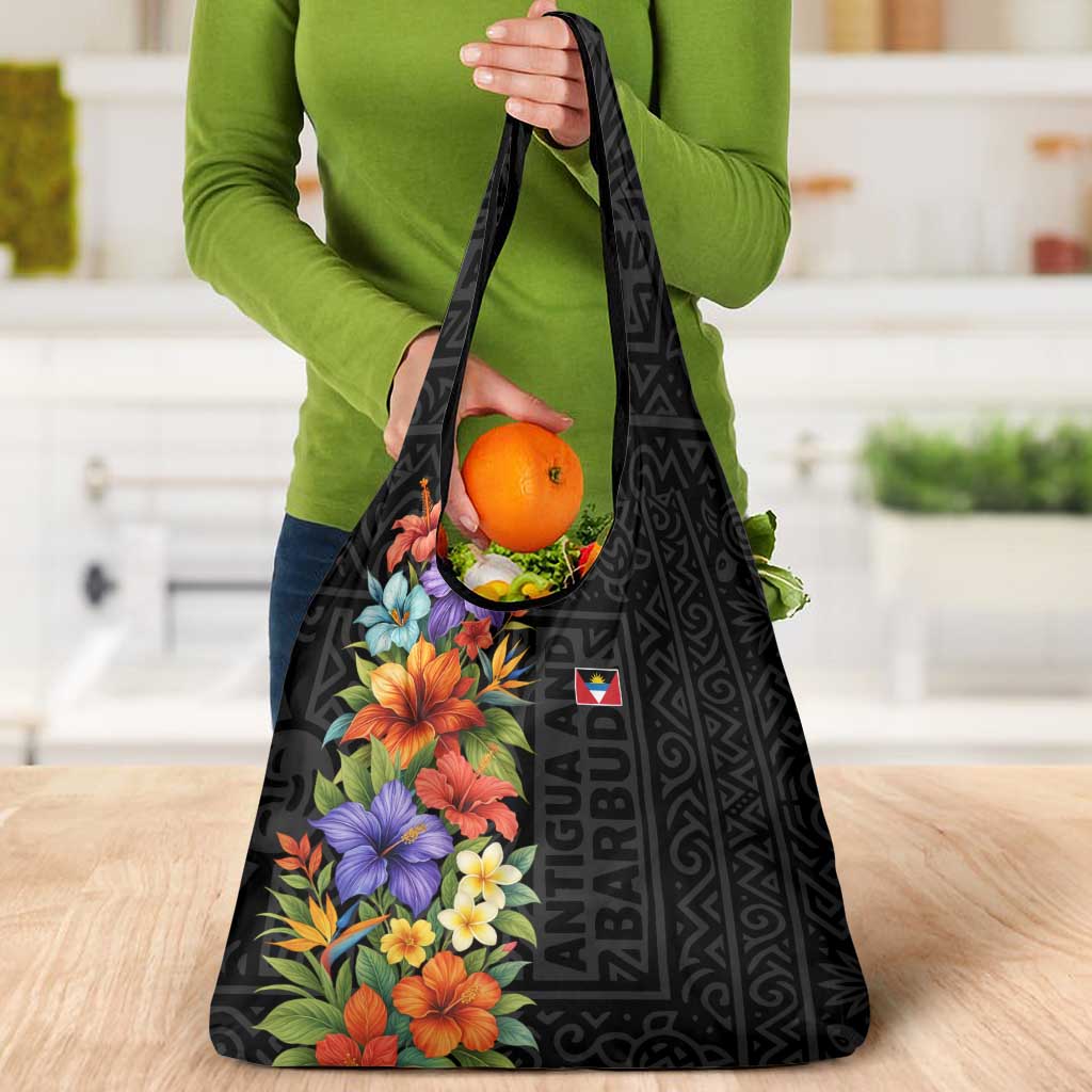 Antigua and Barbuda Floral Grocery Bag with Tropical Hibiscus with National Flag - Wonder Print Shop