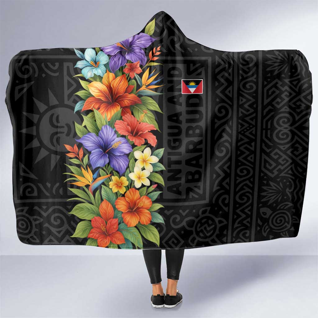Antigua and Barbuda Floral Hooded Blanket with Tropical Hibiscus with National Flag - Wonder Print Shop