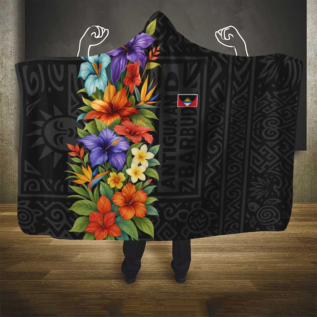 Antigua and Barbuda Floral Hooded Blanket with Tropical Hibiscus with National Flag - Wonder Print Shop