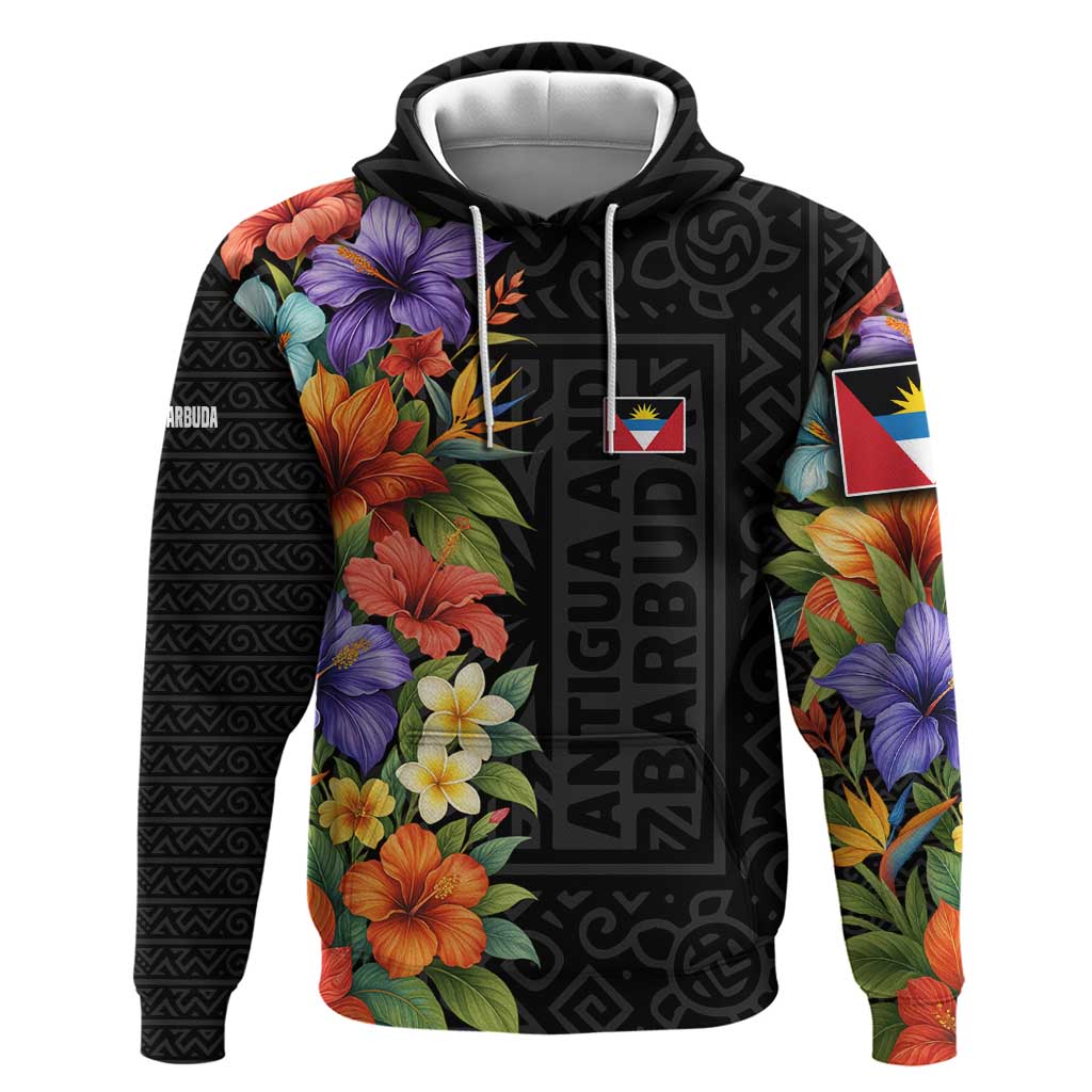 Antigua and Barbuda Floral Hoodie with Tropical Hibiscus with National Flag - Wonder Print Shop