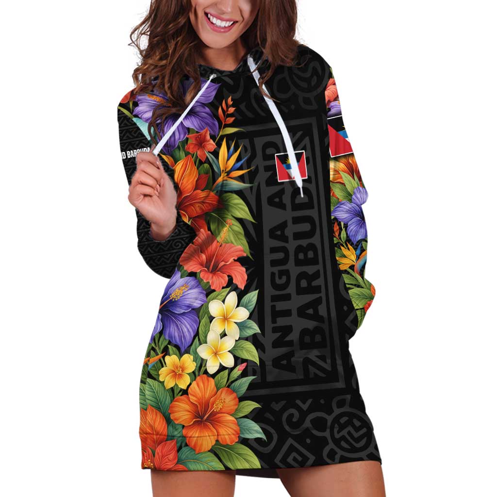 Antigua and Barbuda Floral Hoodie Dress with Tropical Hibiscus with National Flag - Wonder Print Shop