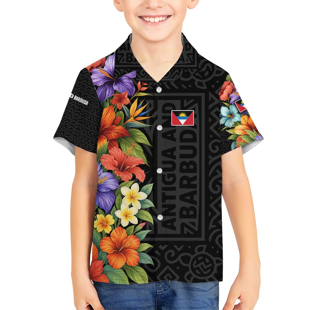 Antigua and Barbuda Floral Kid Hawaiian Shirt with Tropical Hibiscus with National Flag - Wonder Print Shop