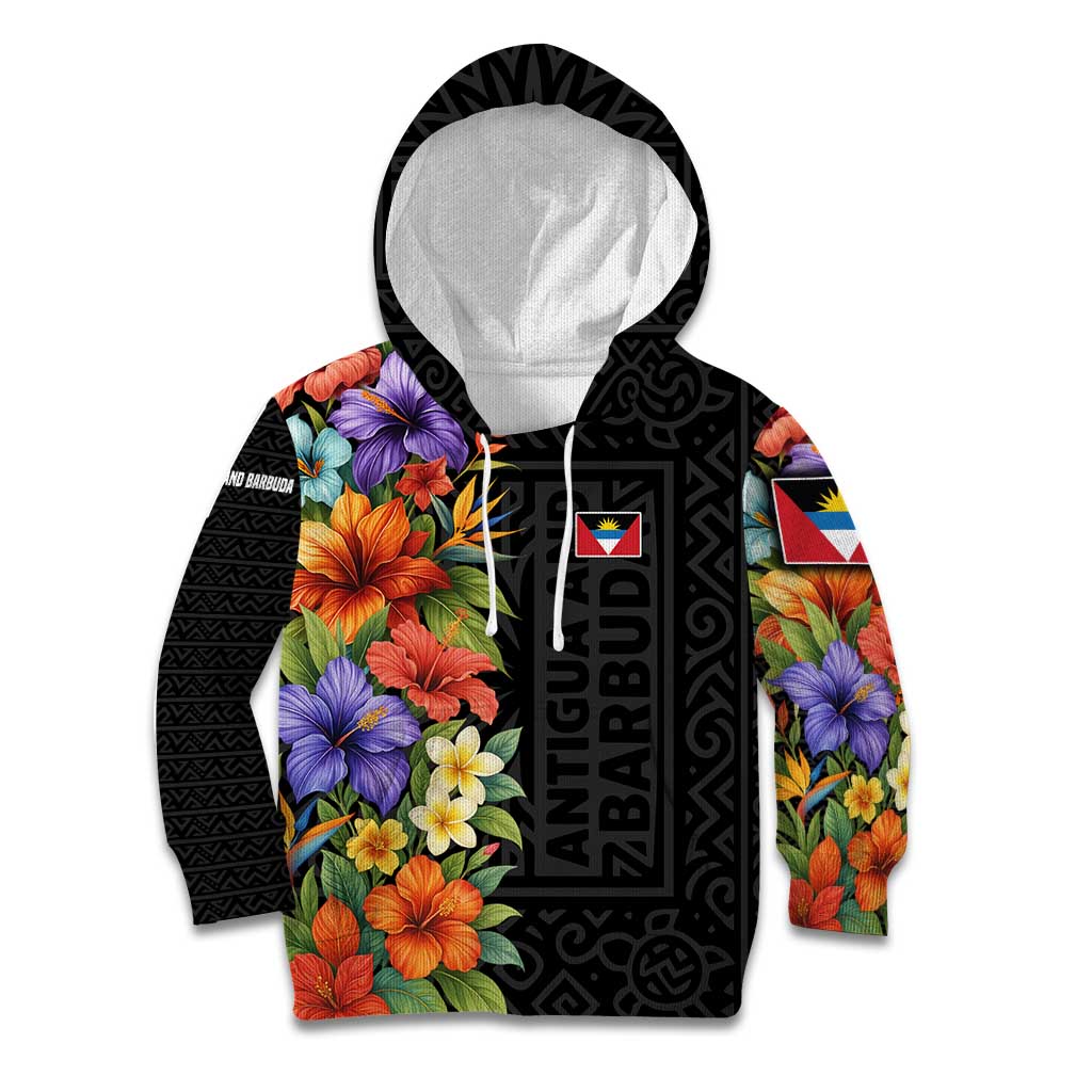 Antigua and Barbuda Floral Kid Hoodie with Tropical Hibiscus with National Flag - Wonder Print Shop