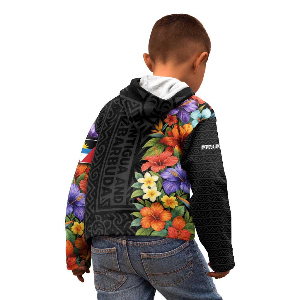 Antigua and Barbuda Floral Kid Hoodie with Tropical Hibiscus with National Flag - Wonder Print Shop