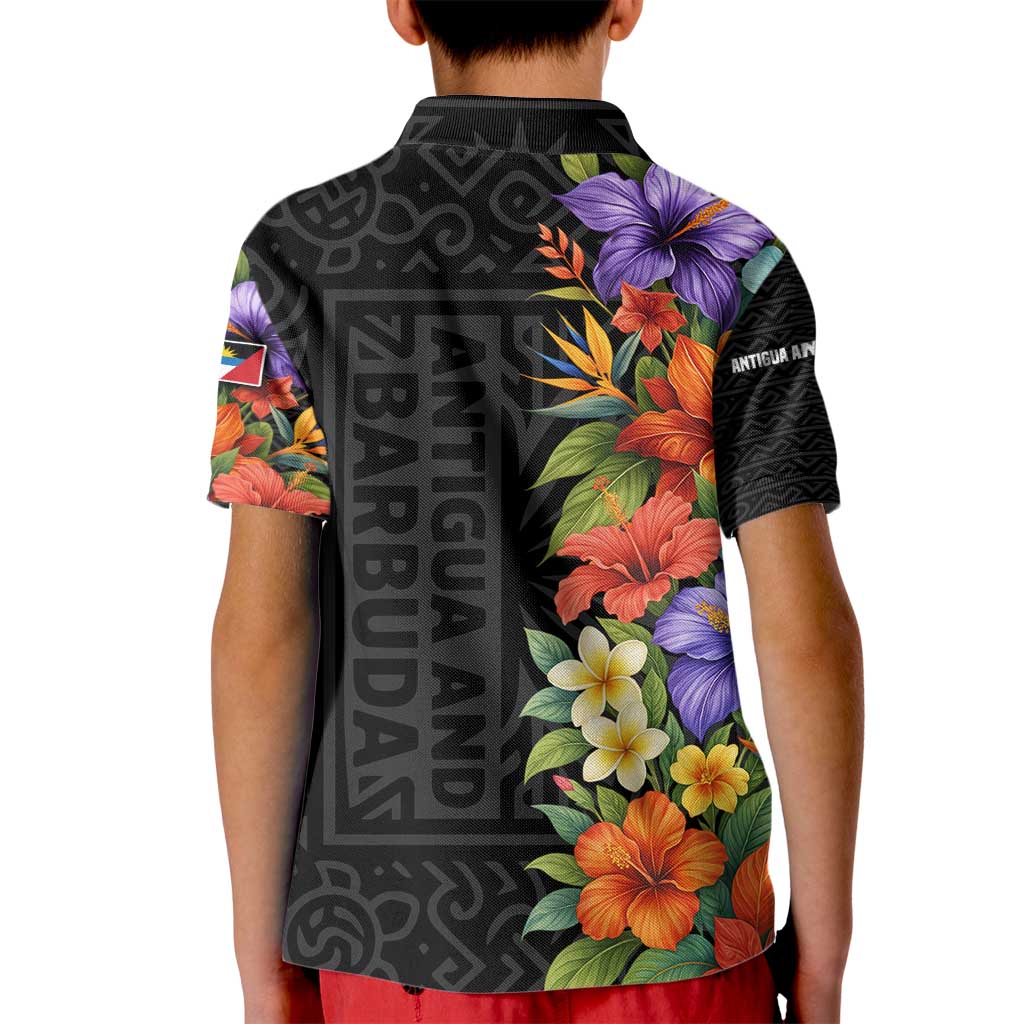 Antigua and Barbuda Floral Kid Polo Shirt with Tropical Hibiscus with National Flag - Wonder Print Shop