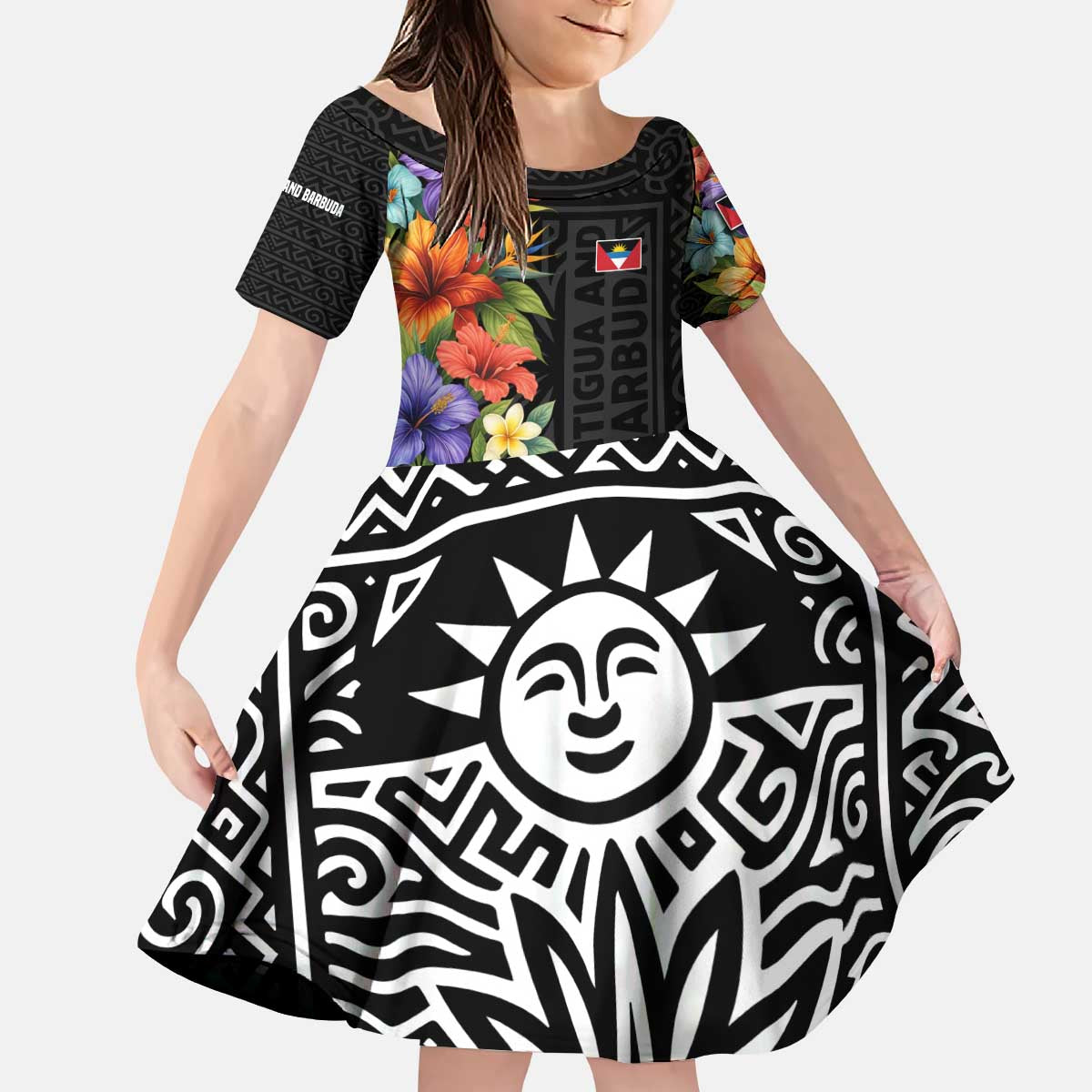 Antigua and Barbuda Floral Kid Short Sleeve Dress with Tropical Hibiscus with National Flag - Wonder Print Shop