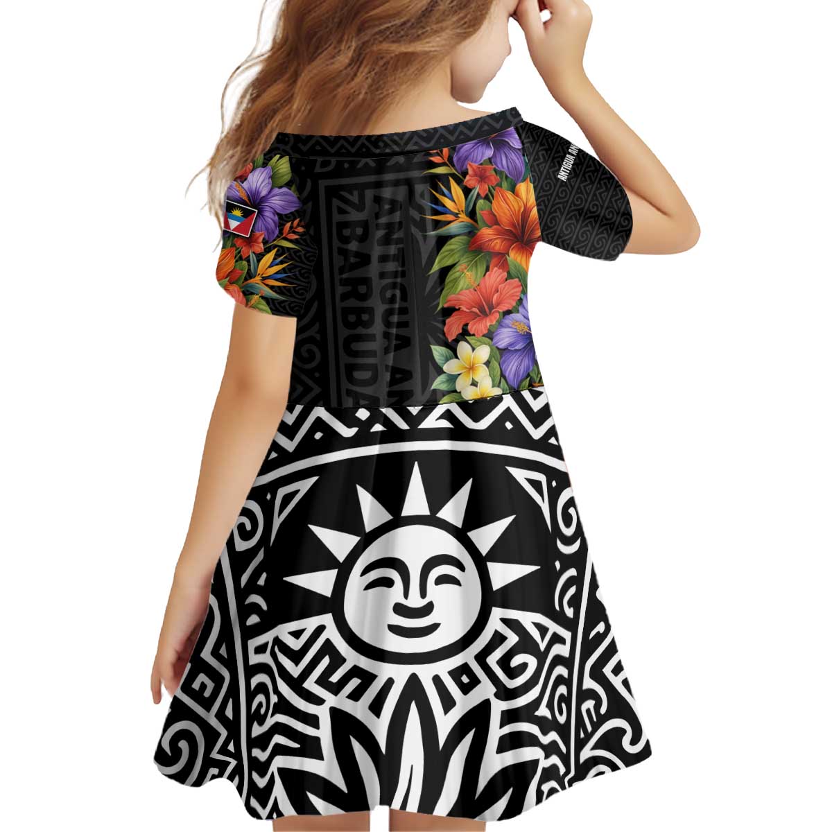 Antigua and Barbuda Floral Kid Short Sleeve Dress with Tropical Hibiscus with National Flag - Wonder Print Shop