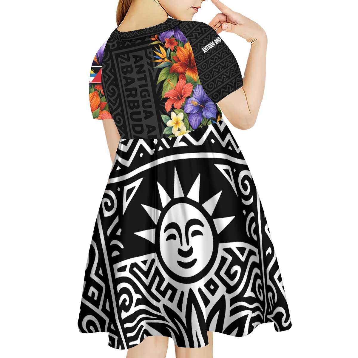 Antigua and Barbuda Floral Kid Short Sleeve Dress with Tropical Hibiscus with National Flag - Wonder Print Shop