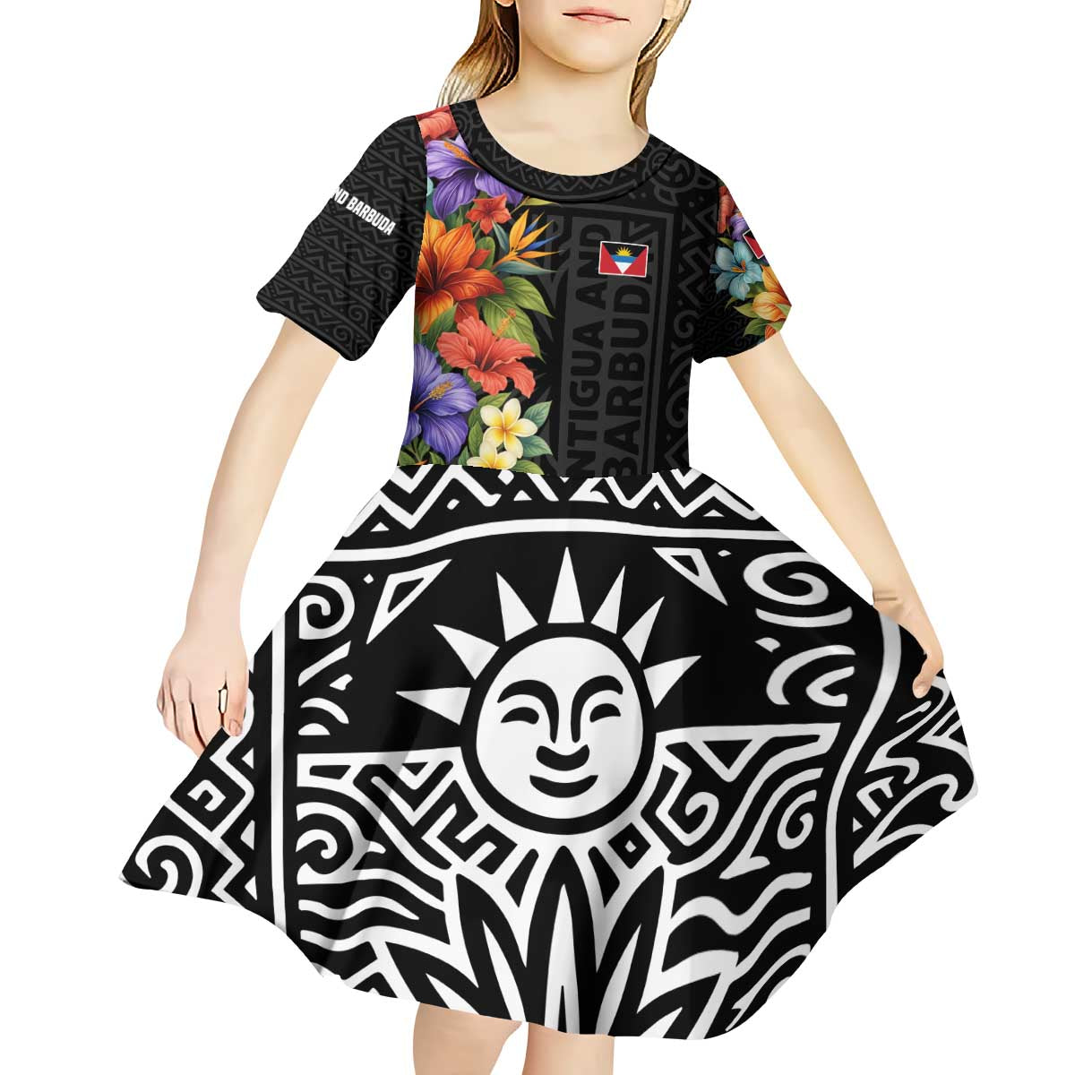 Antigua and Barbuda Floral Kid Short Sleeve Dress with Tropical Hibiscus with National Flag - Wonder Print Shop