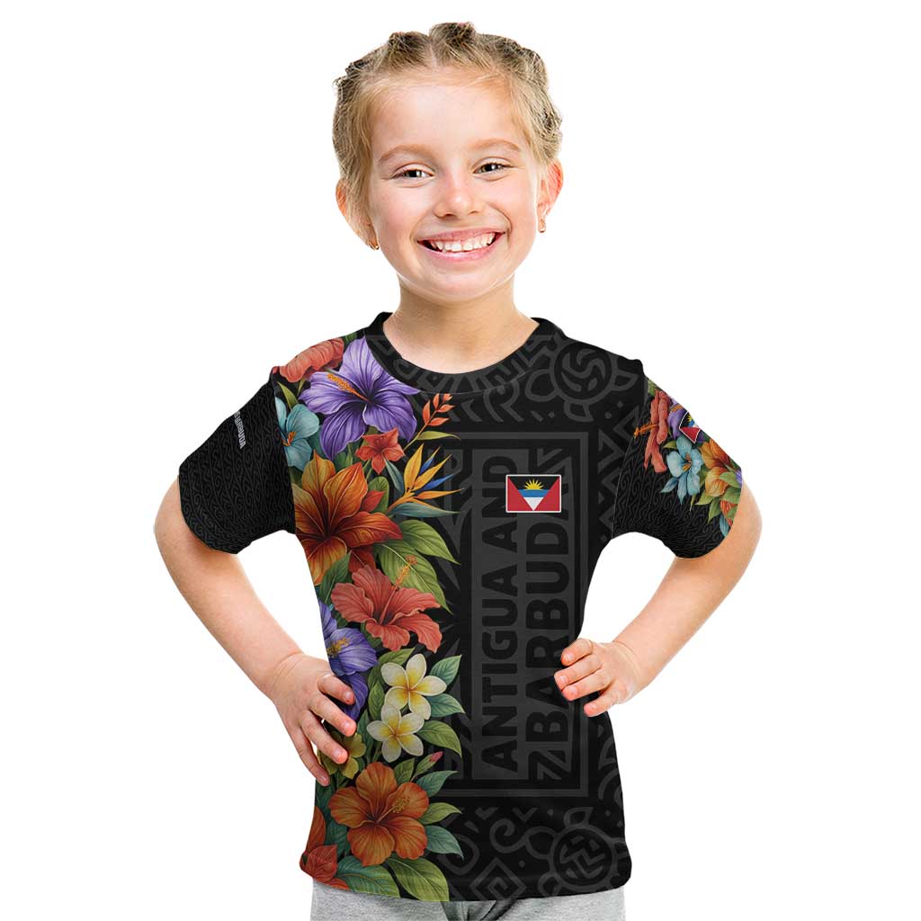 Antigua and Barbuda Floral Kid T Shirt with Tropical Hibiscus with National Flag - Wonder Print Shop