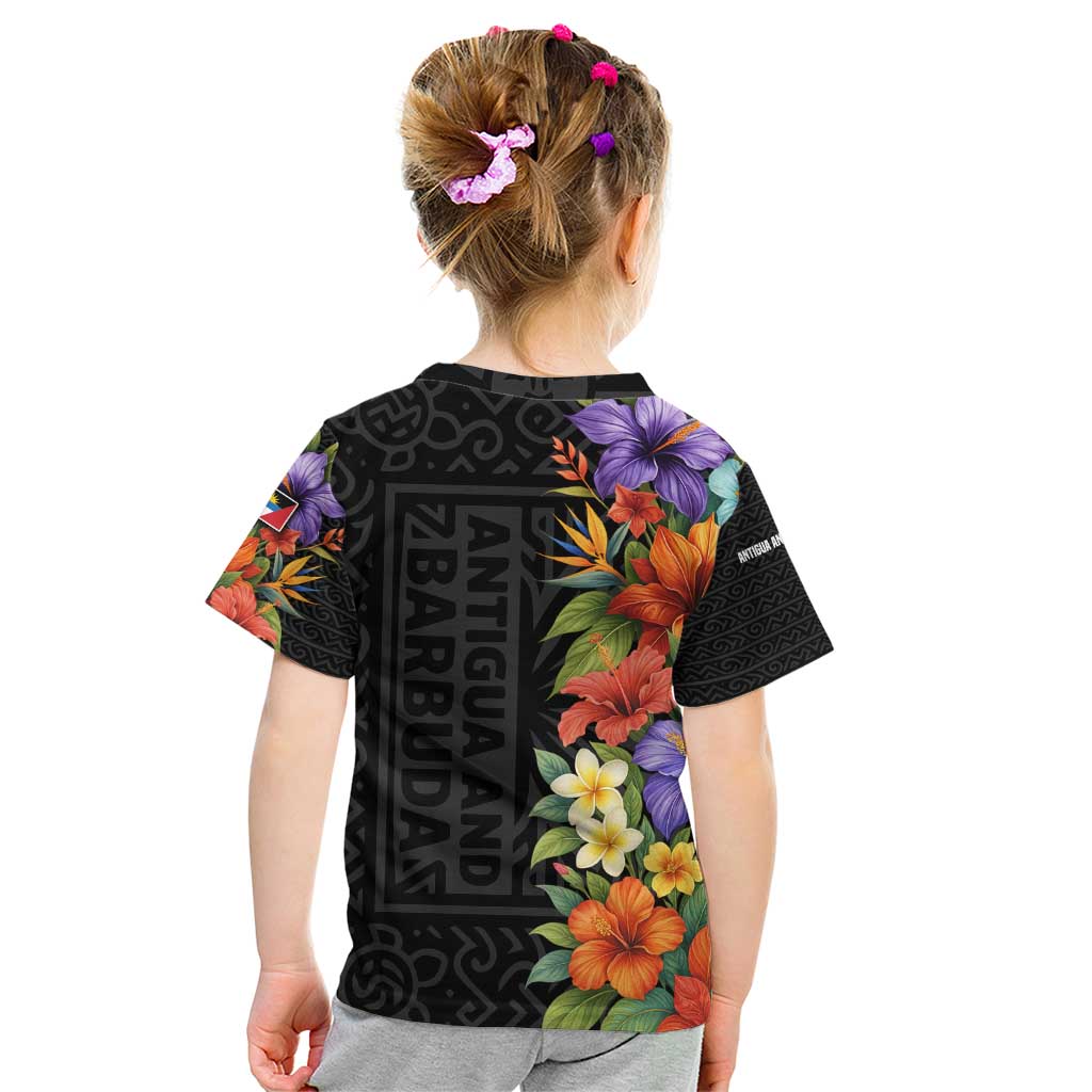 Antigua and Barbuda Floral Kid T Shirt with Tropical Hibiscus with National Flag - Wonder Print Shop