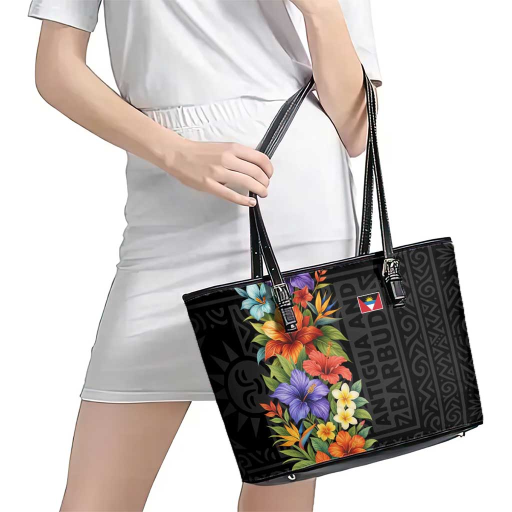 Antigua and Barbuda Floral Leather Tote Bag with Tropical Hibiscus with National Flag - Wonder Print Shop