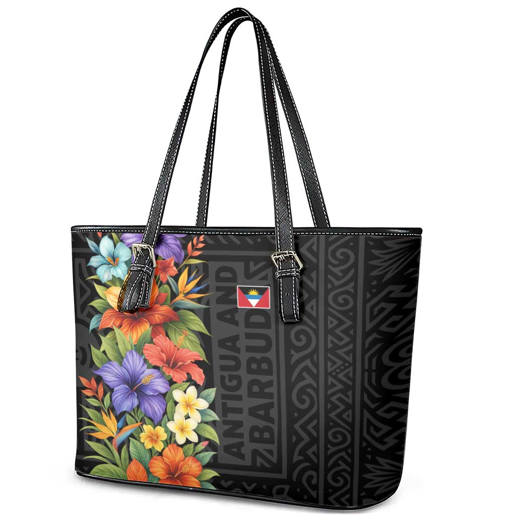 Antigua and Barbuda Floral Leather Tote Bag with Tropical Hibiscus with National Flag - Wonder Print Shop