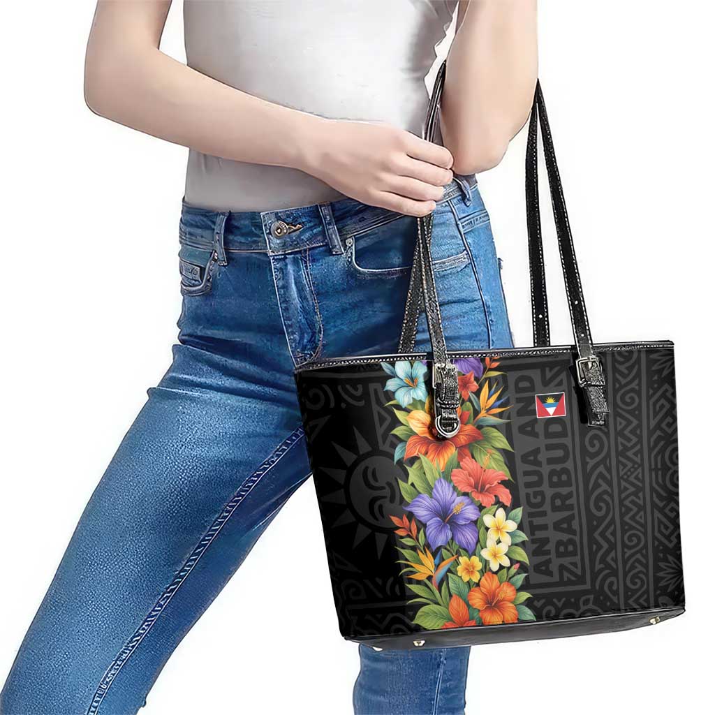 Antigua and Barbuda Floral Leather Tote Bag with Tropical Hibiscus with National Flag - Wonder Print Shop