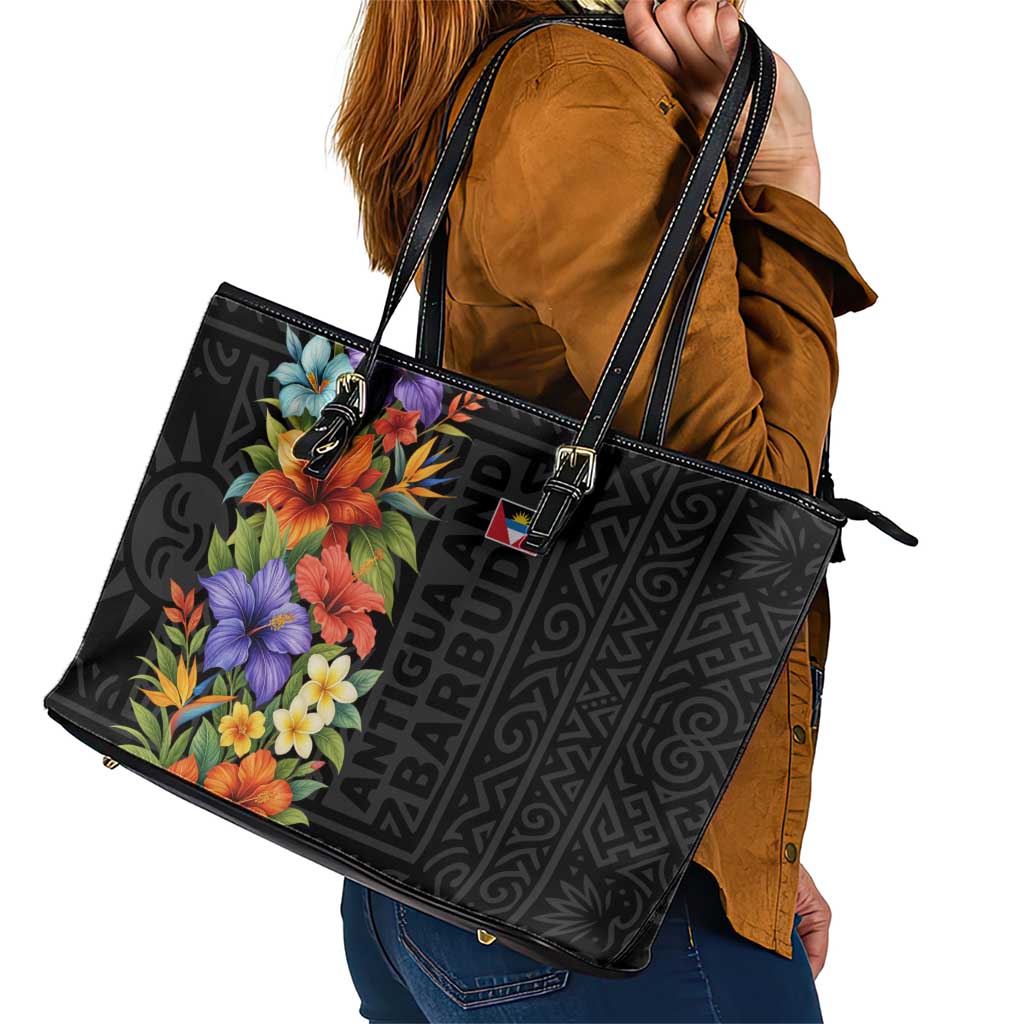 Antigua and Barbuda Floral Leather Tote Bag with Tropical Hibiscus with National Flag - Wonder Print Shop