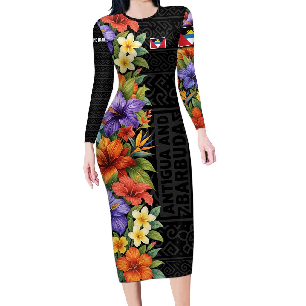 Antigua and Barbuda Floral Long Sleeve Bodycon Dress with Tropical Hibiscus with National Flag - Wonder Print Shop