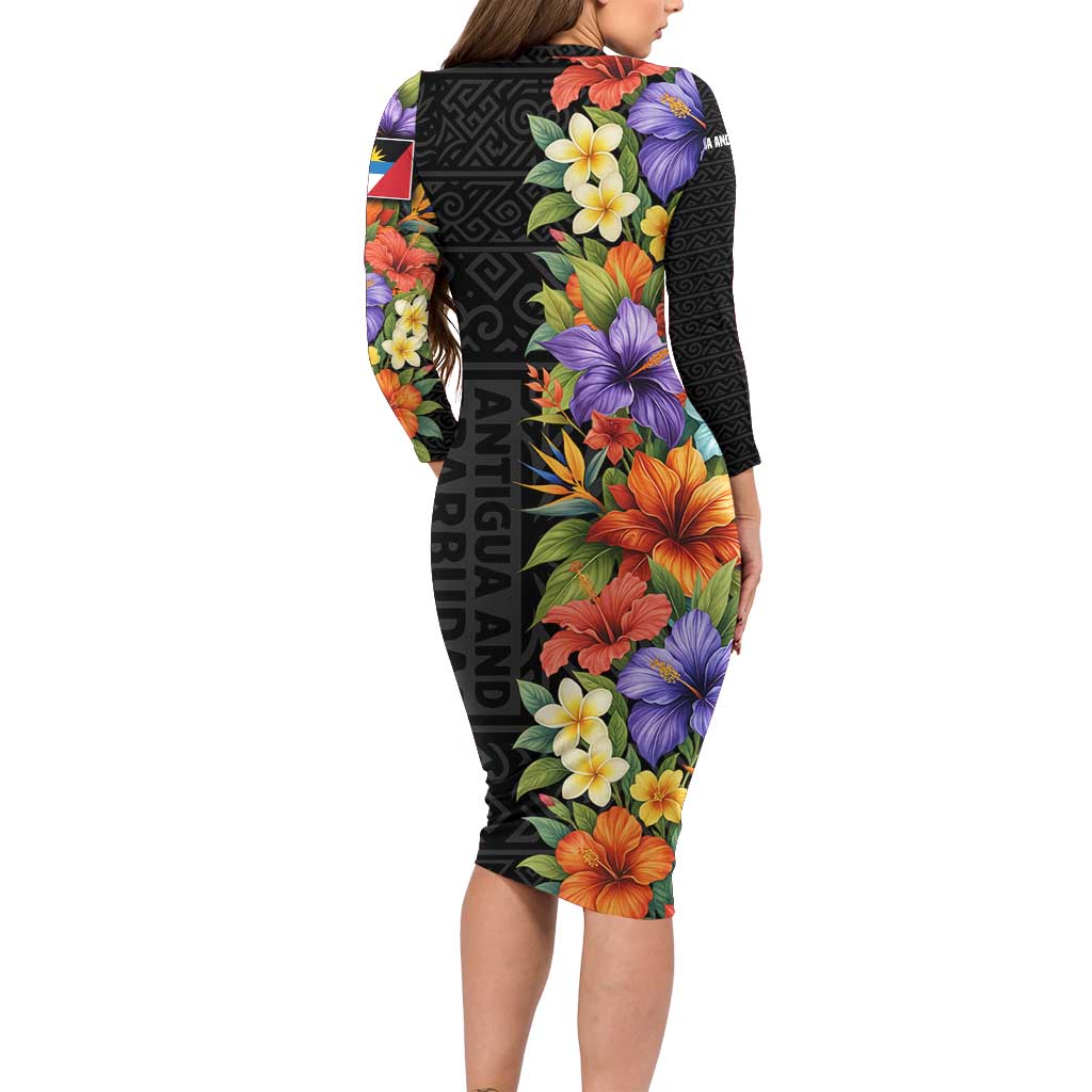 Antigua and Barbuda Floral Long Sleeve Bodycon Dress with Tropical Hibiscus with National Flag - Wonder Print Shop