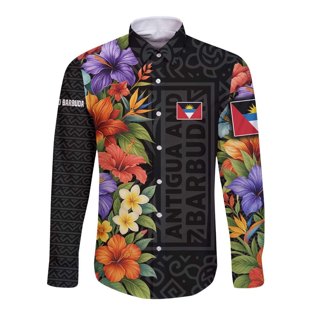 Antigua and Barbuda Floral Long Sleeve Button Shirt with Tropical Hibiscus with National Flag - Wonder Print Shop