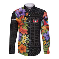 Antigua and Barbuda Floral Long Sleeve Button Shirt with Tropical Hibiscus with National Flag - Wonder Print Shop